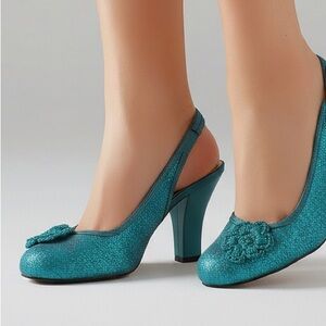 Highlights Blue Glitter Slingback Heels w/ Flower Detail | Sparkly Party Shoes